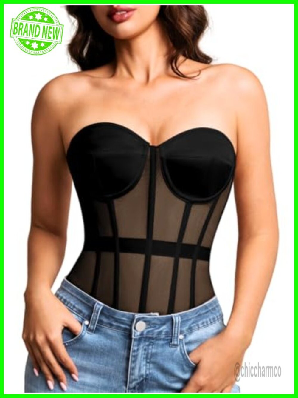 Strapless Mesh Corset Top Padded Lace-Up Bustier
